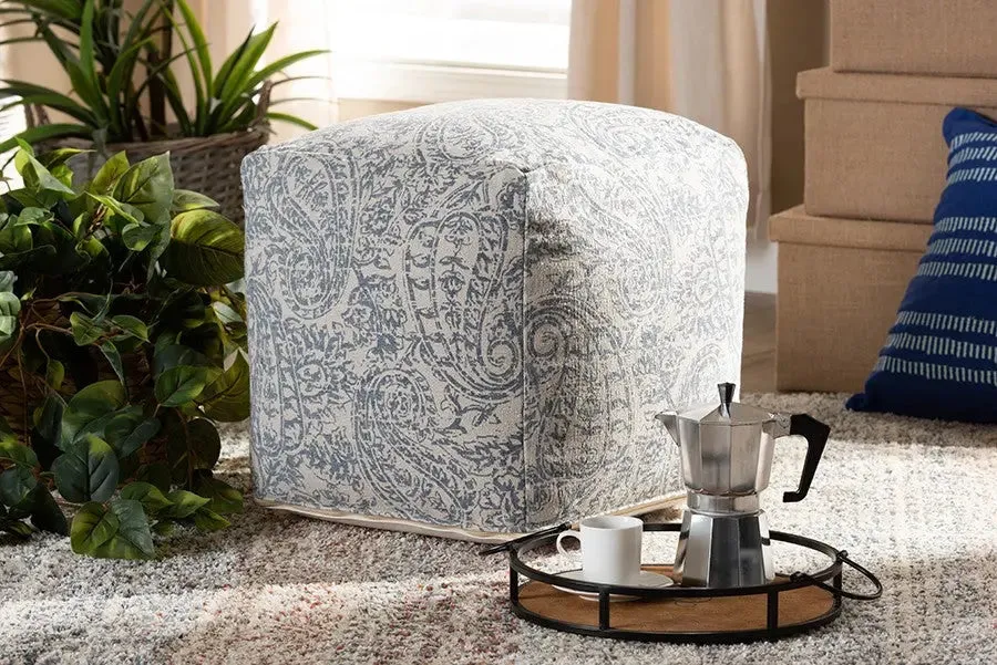 Leo Grey and Blue Handwoven Cotton Paisley Pouf Ottoman