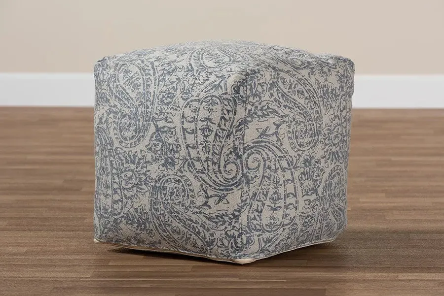 Leo Grey and Blue Handwoven Cotton Paisley Pouf Ottoman