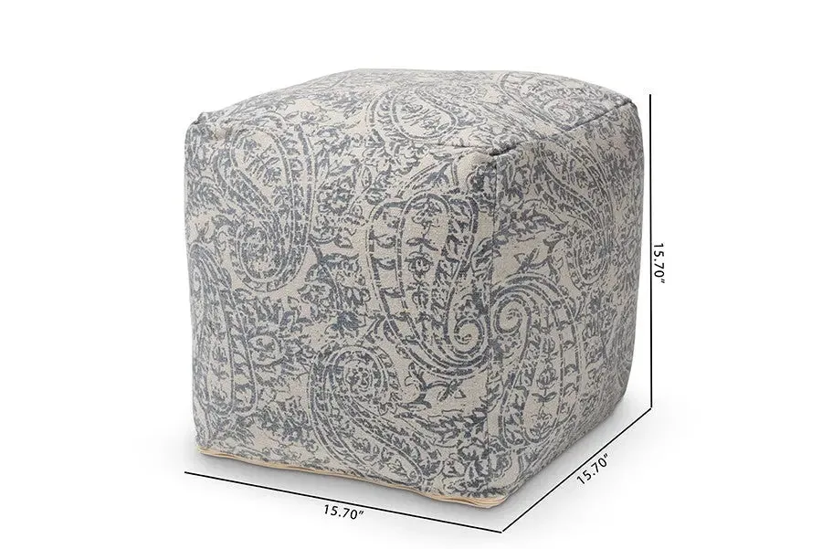 Leo Grey and Blue Handwoven Cotton Paisley Pouf Ottoman