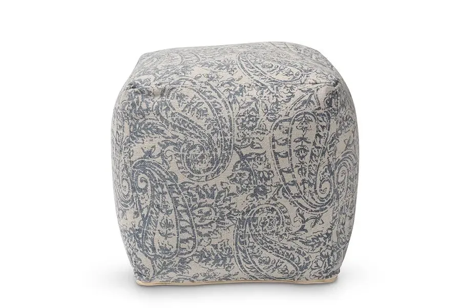 Leo Grey and Blue Handwoven Cotton Paisley Pouf Ottoman