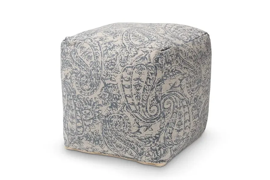 Leo Grey and Blue Handwoven Cotton Paisley Pouf Ottoman