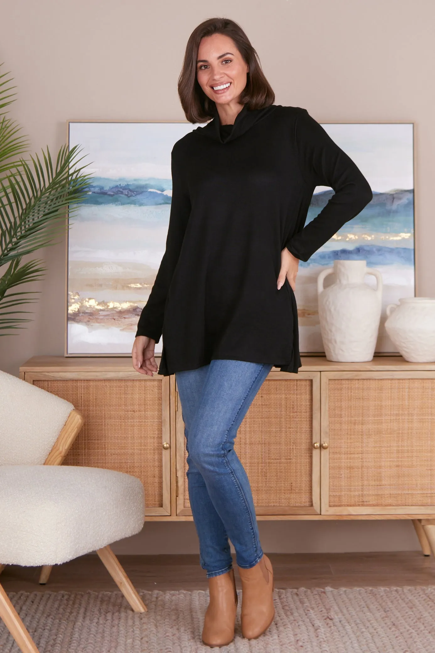 Lina Cowl Knit Tunic - Black