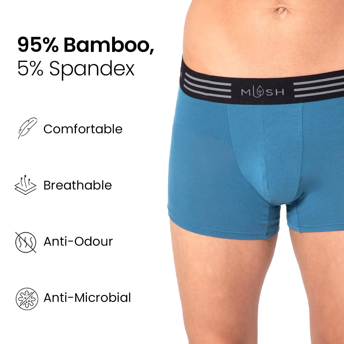 Mush Ultra Soft, Breathable, Feather Light Men's Bamboo Trunk || Naturally Anti-Odor and Anti-Microbial Bamboo Innerwear Pack of 2 (L, Blue and White)