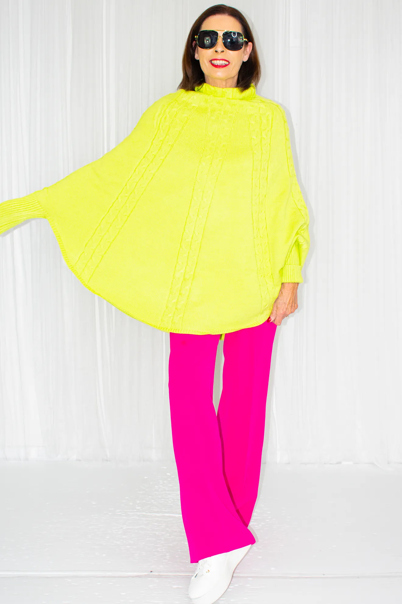 Poppy Turtle Neck Poncho Style Fine Knit in Vibrant Lime