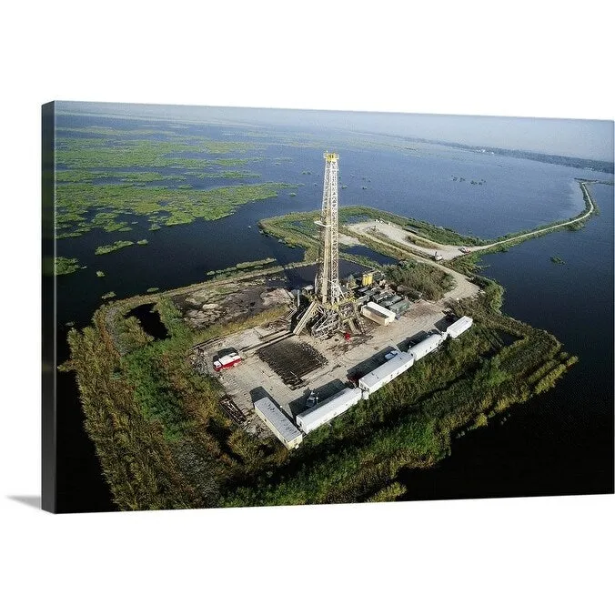 "Aerial View of Oil Drilling Platform in Marsh" Canvas Wall Art