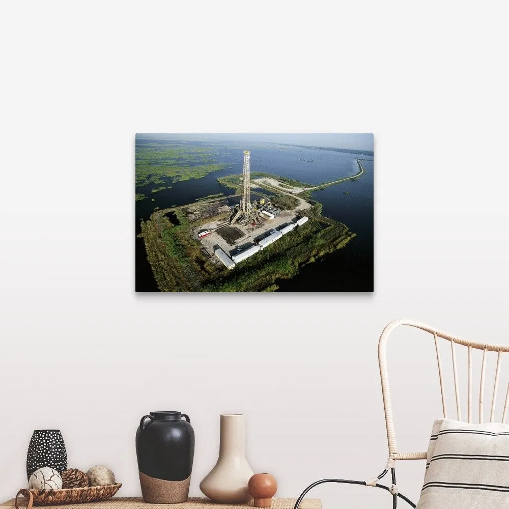 "Aerial View of Oil Drilling Platform in Marsh" Canvas Wall Art