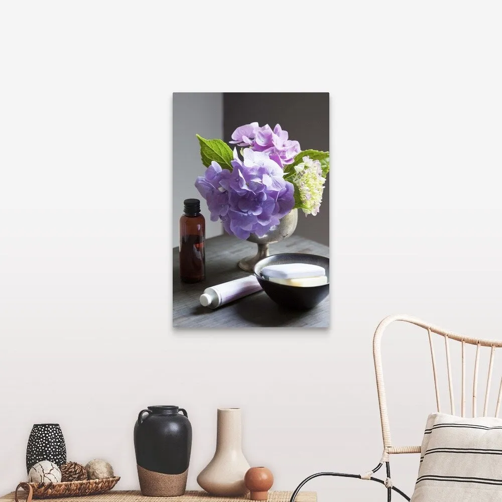 "Bathing Products and Hydrangeas on Table" Canvas Wall Art