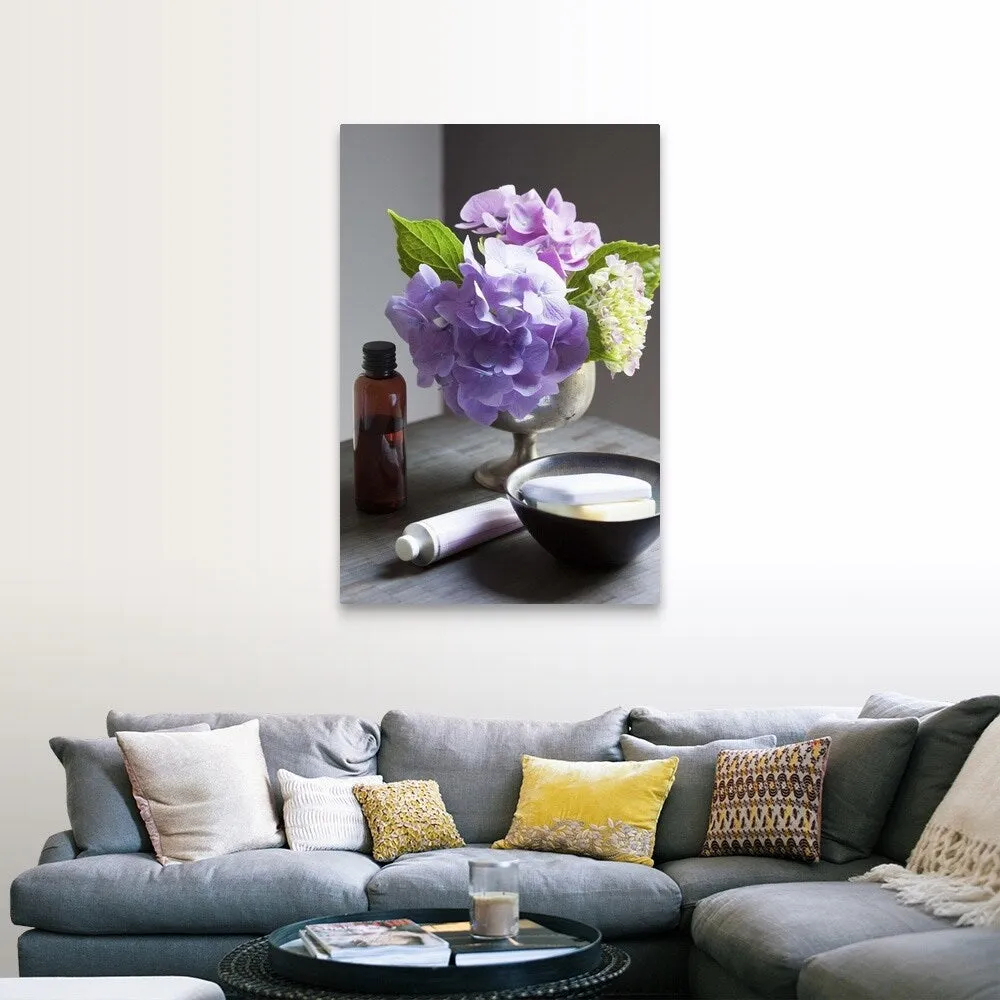 "Bathing Products and Hydrangeas on Table" Canvas Wall Art