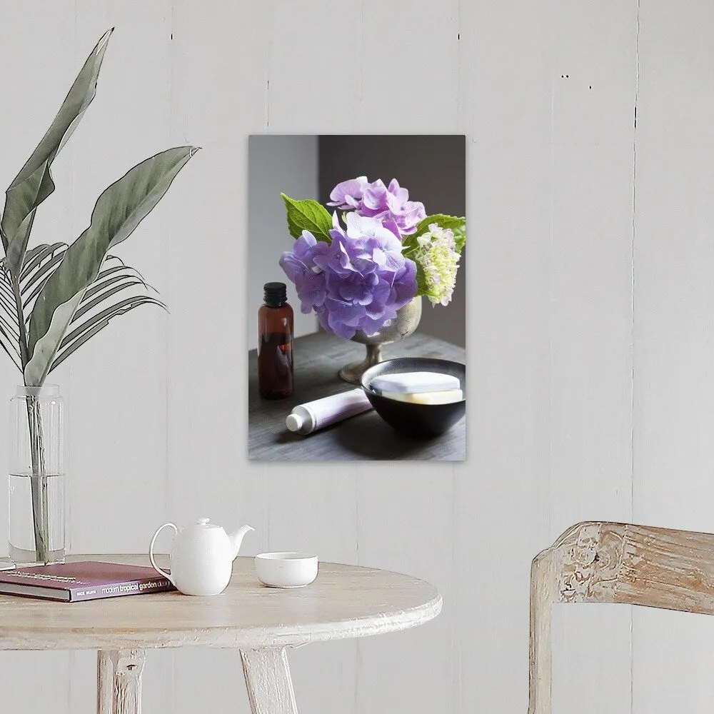 "Bathing Products and Hydrangeas on Table" Canvas Wall Art