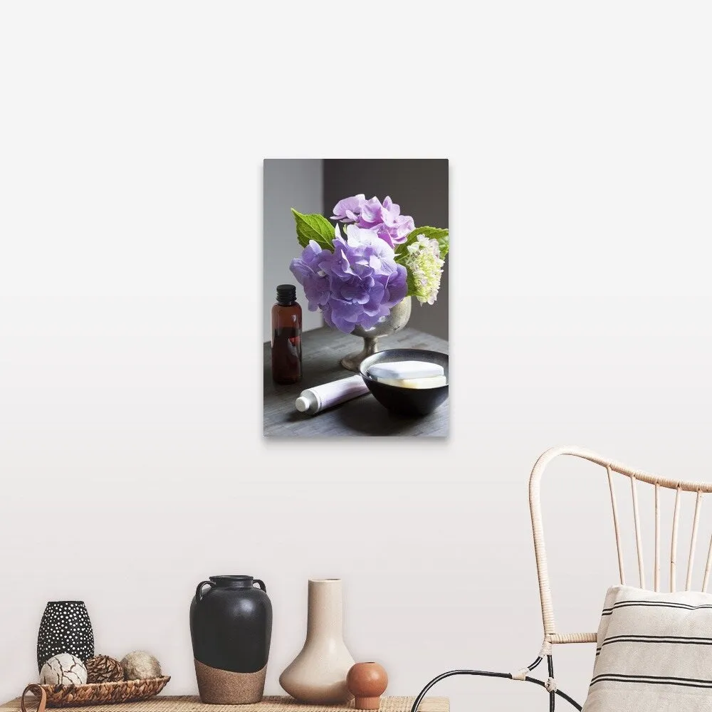 "Bathing Products and Hydrangeas on Table" Canvas Wall Art