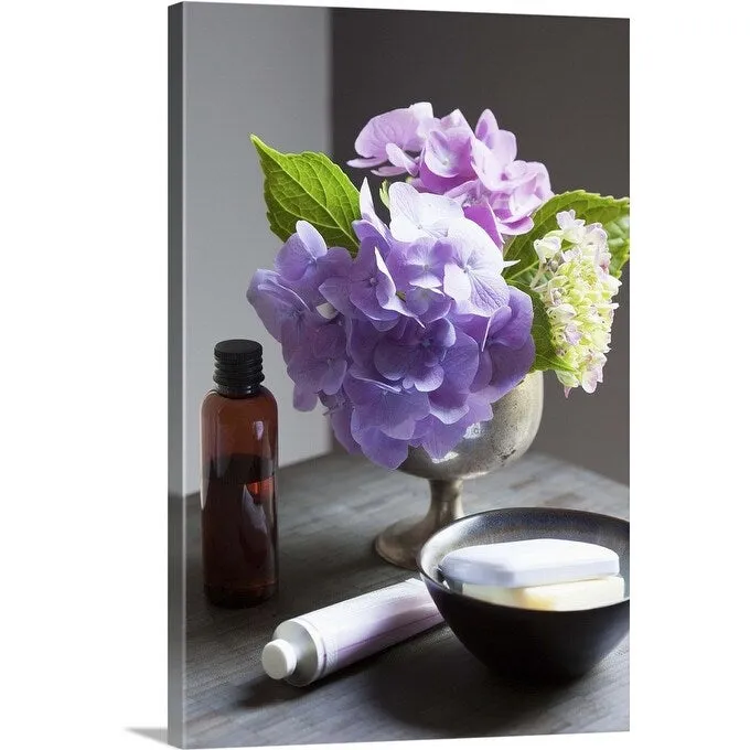 "Bathing Products and Hydrangeas on Table" Canvas Wall Art