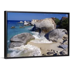 "Beach rocks and seascape." Black Float Frame Canvas Art