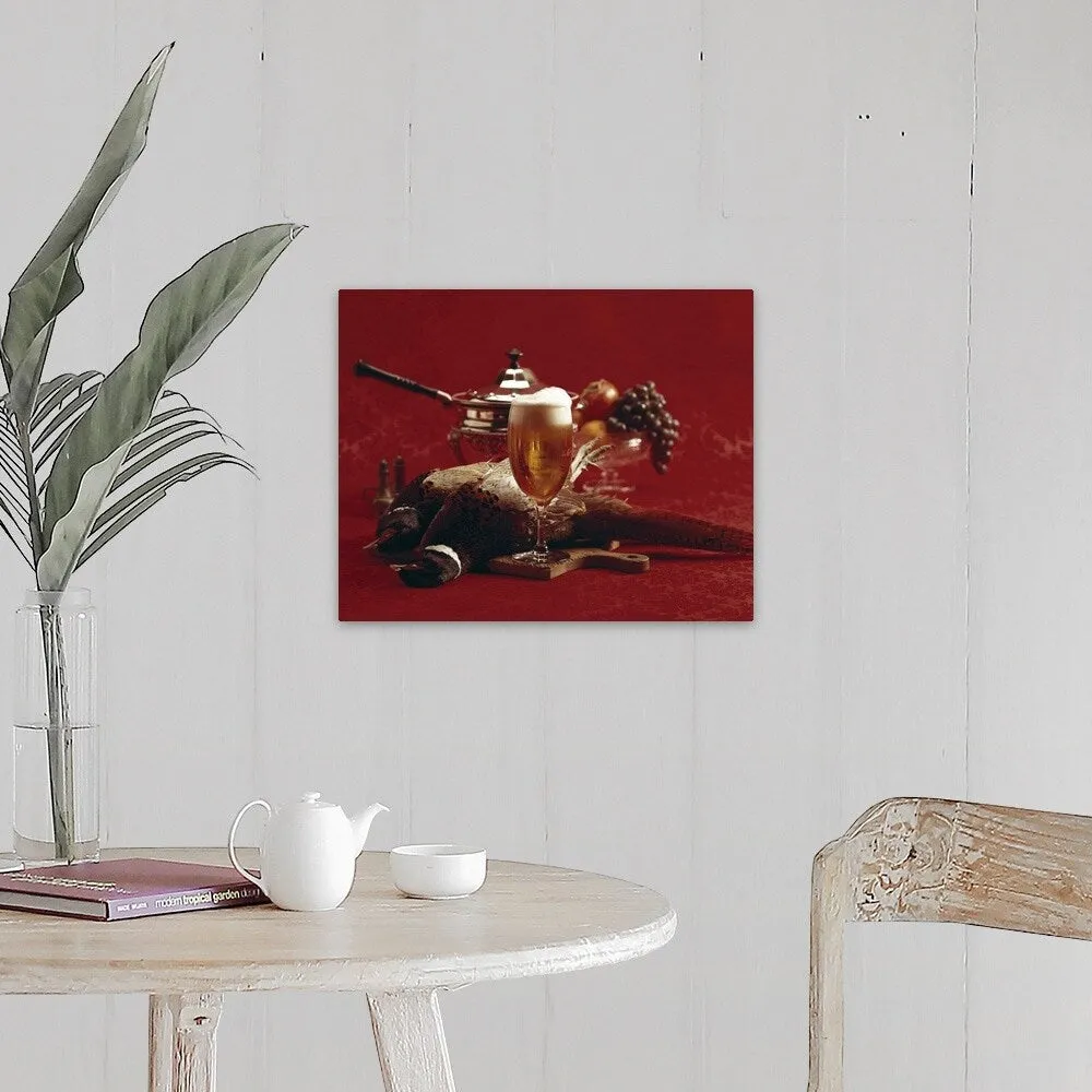 "Beer glass and pheasant on chopping board, close-up" Canvas Wall Art