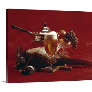 "Beer glass and pheasant on chopping board, close-up" Canvas Wall Art