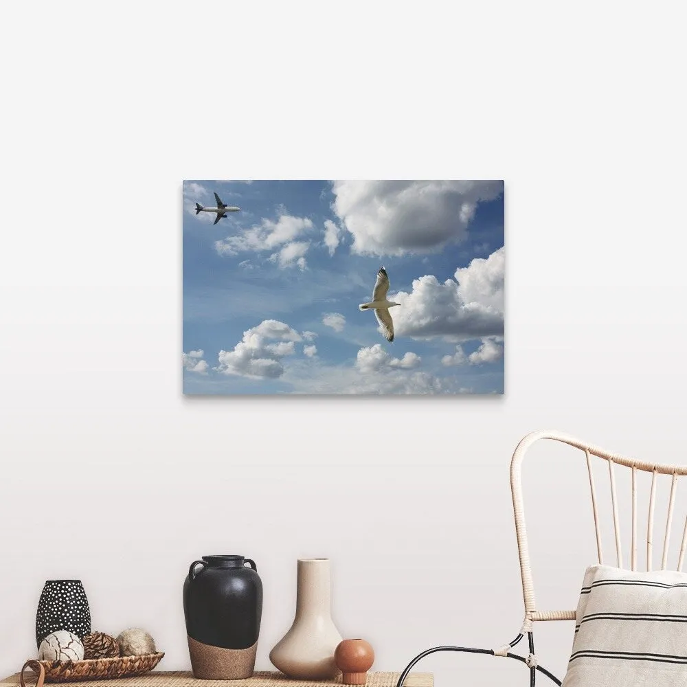 "Bird and air plane fly together against clouds in sky, New York." Canvas Wall Art