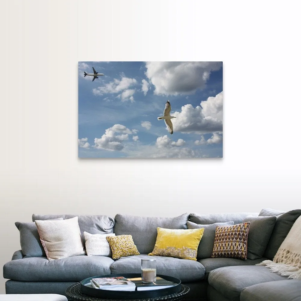 "Bird and air plane fly together against clouds in sky, New York." Canvas Wall Art