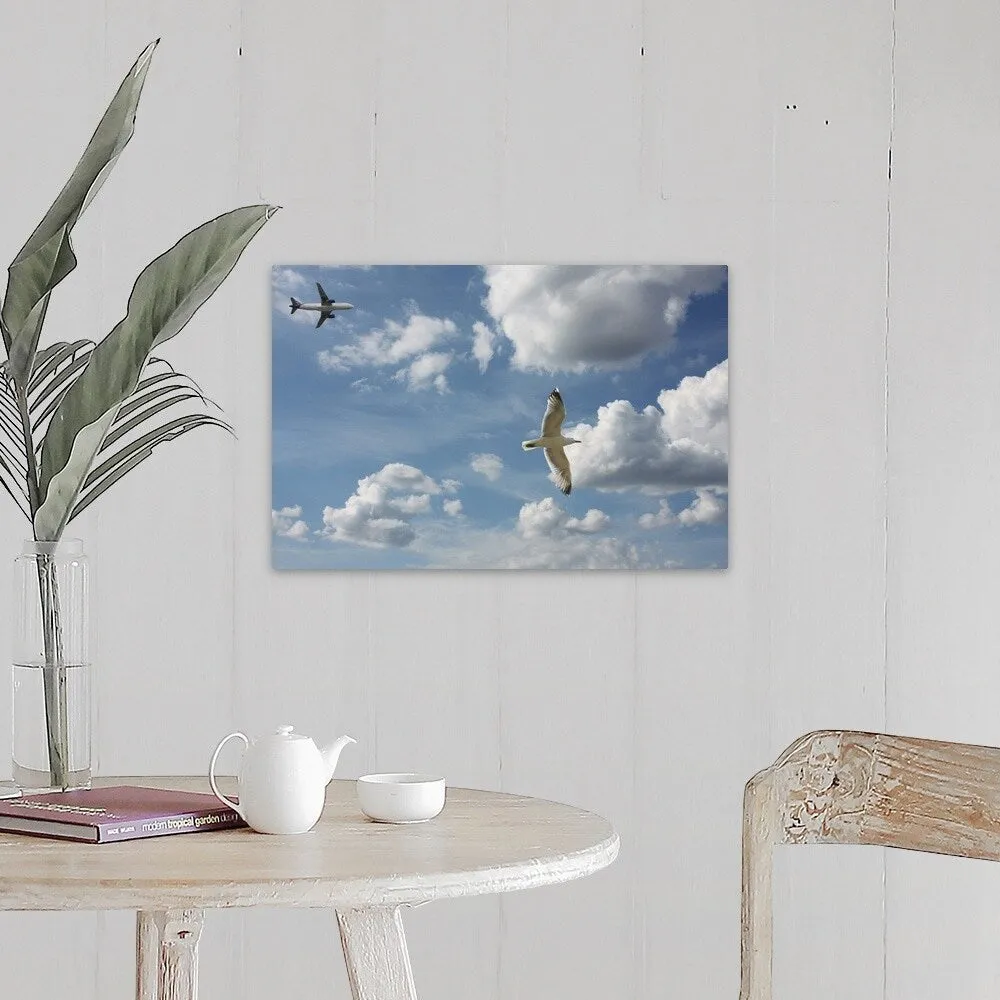 "Bird and air plane fly together against clouds in sky, New York." Canvas Wall Art