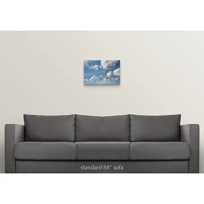 "Bird and air plane fly together against clouds in sky, New York." Canvas Wall Art