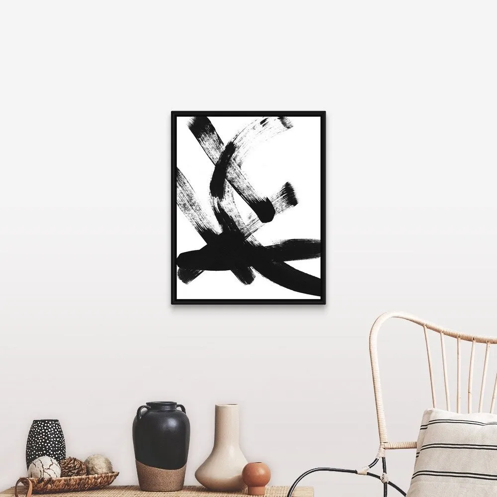 "BW Brush Stroke I" Black Float Frame Canvas Art