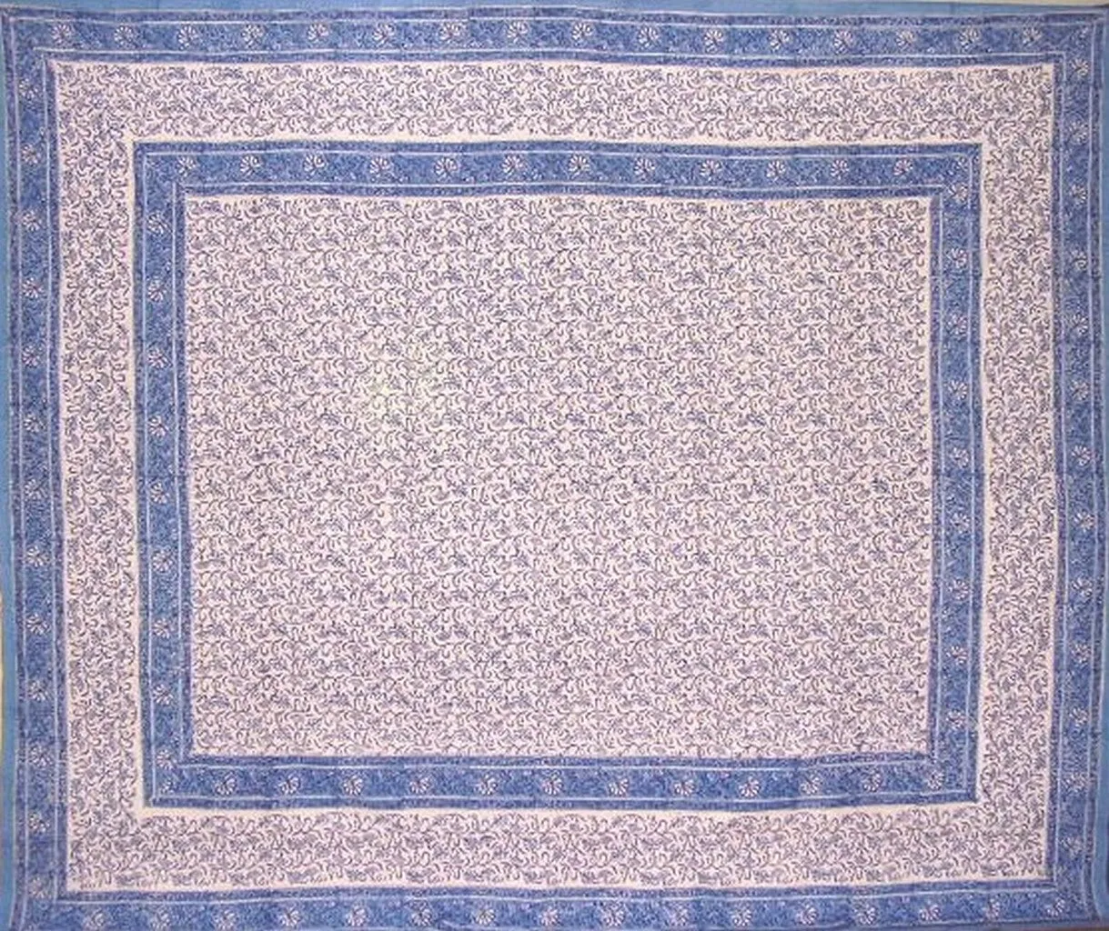 Rajasthan Block Print Tapestry Cotton Bedspread 108" x 82" Full-Queen Blue