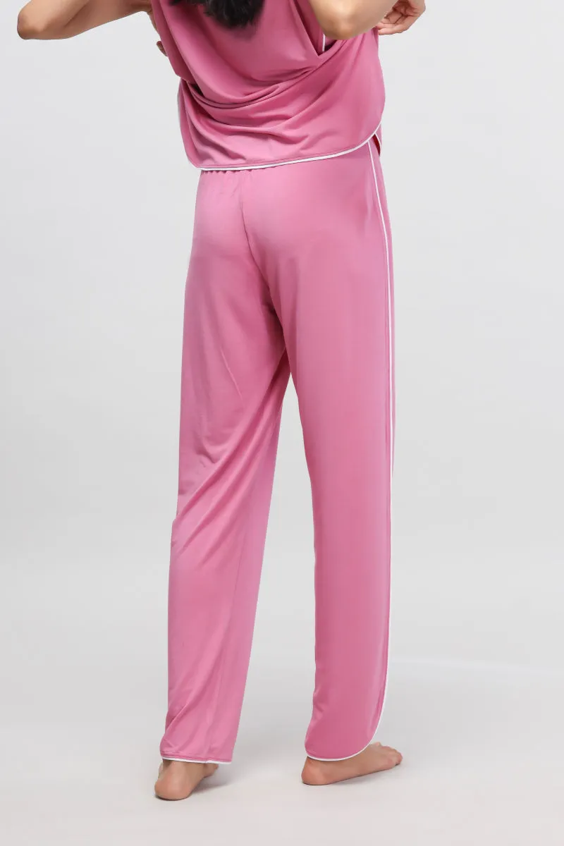 Rose Pink White Piping Pajama Set