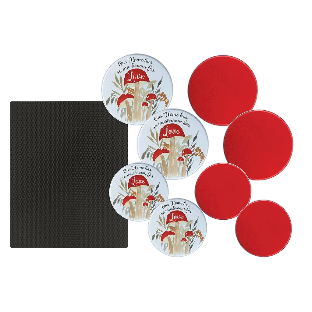 SM1720BL513537 9 Piece Set: 17 x 20-Inch Black Matte Counter Mat, 4-Pack Mushroom Love Burner Cover Set and 4-Pack Solid Red Burner Cover Set