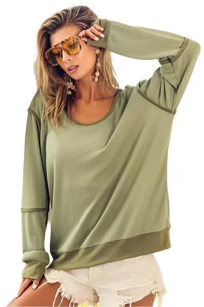 TEEK - Olive Waffle Knit Contrast Trim Long Sleeve Top