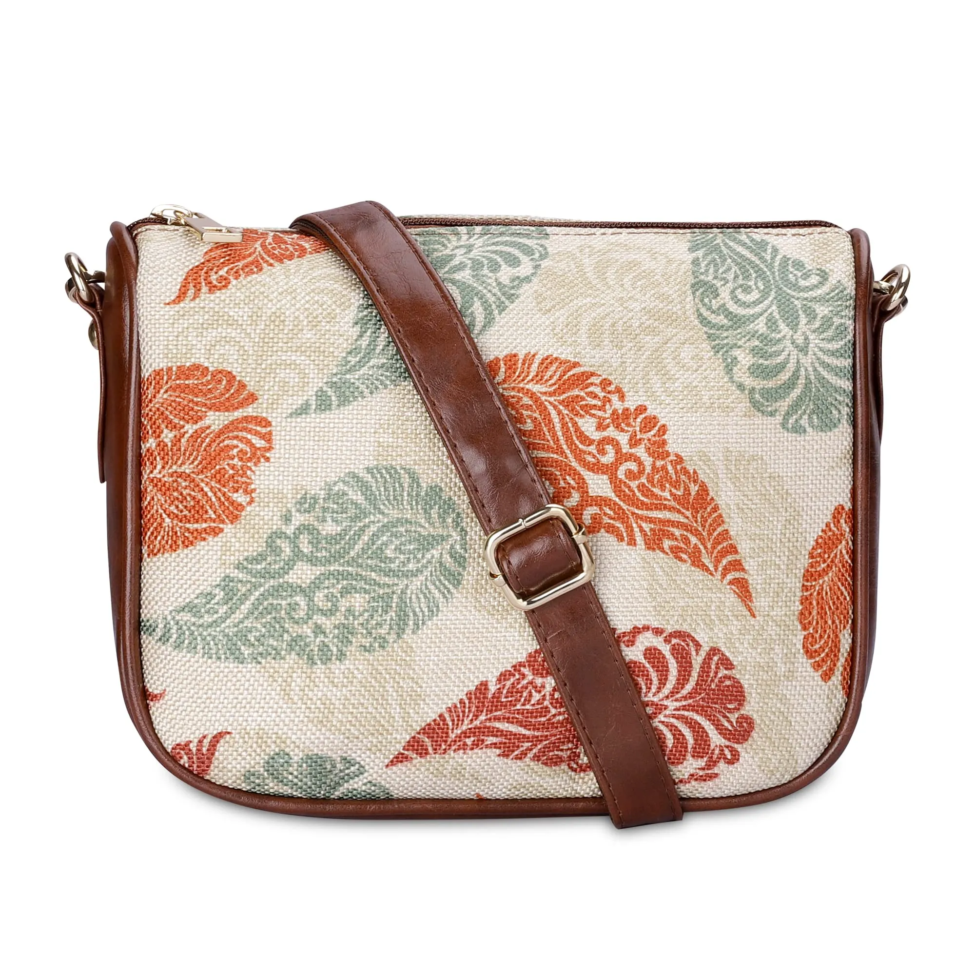 THE CLOWNFISH Garnet Series Printed Handicraft Fabric & Tapestry Crossbody Sling Bag for Women Ladies Single Shoulder Bag Shoulder Belt (Cream-Mango Design)