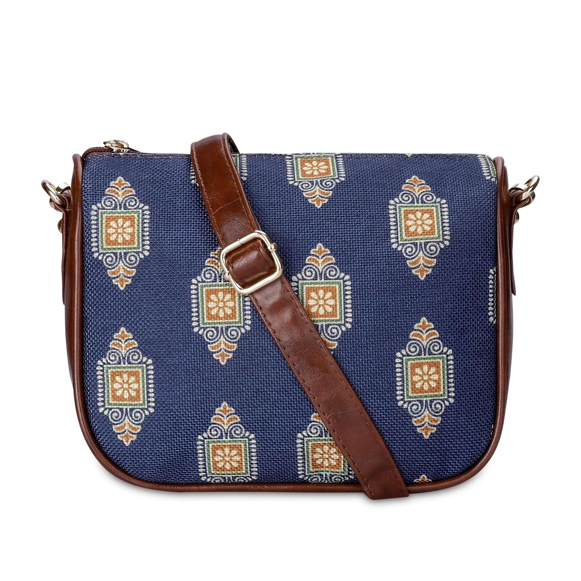 THE CLOWNFISH Garnet Series Printed Handicraft Fabric & Tapestry Crossbody Sling Bag for Women Ladies Single Shoulder Bag Shoulder Belt (Dark Blue)