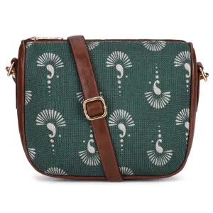 THE CLOWNFISH Garnet Series Printed Handicraft Fabric & Tapestry Crossbody Sling Bag for Women Ladies Single Shoulder Bag Shoulder Belt (Light Green)