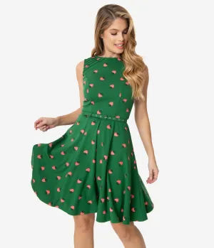 Unique Vintage Green & Strawberry Print Kacey Fit & Flare Dress