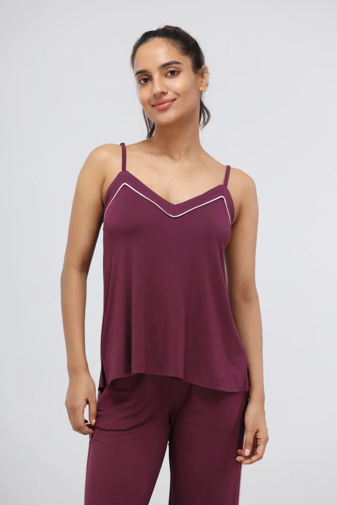 Wine Piping Modal Pajama Set with Tank Top