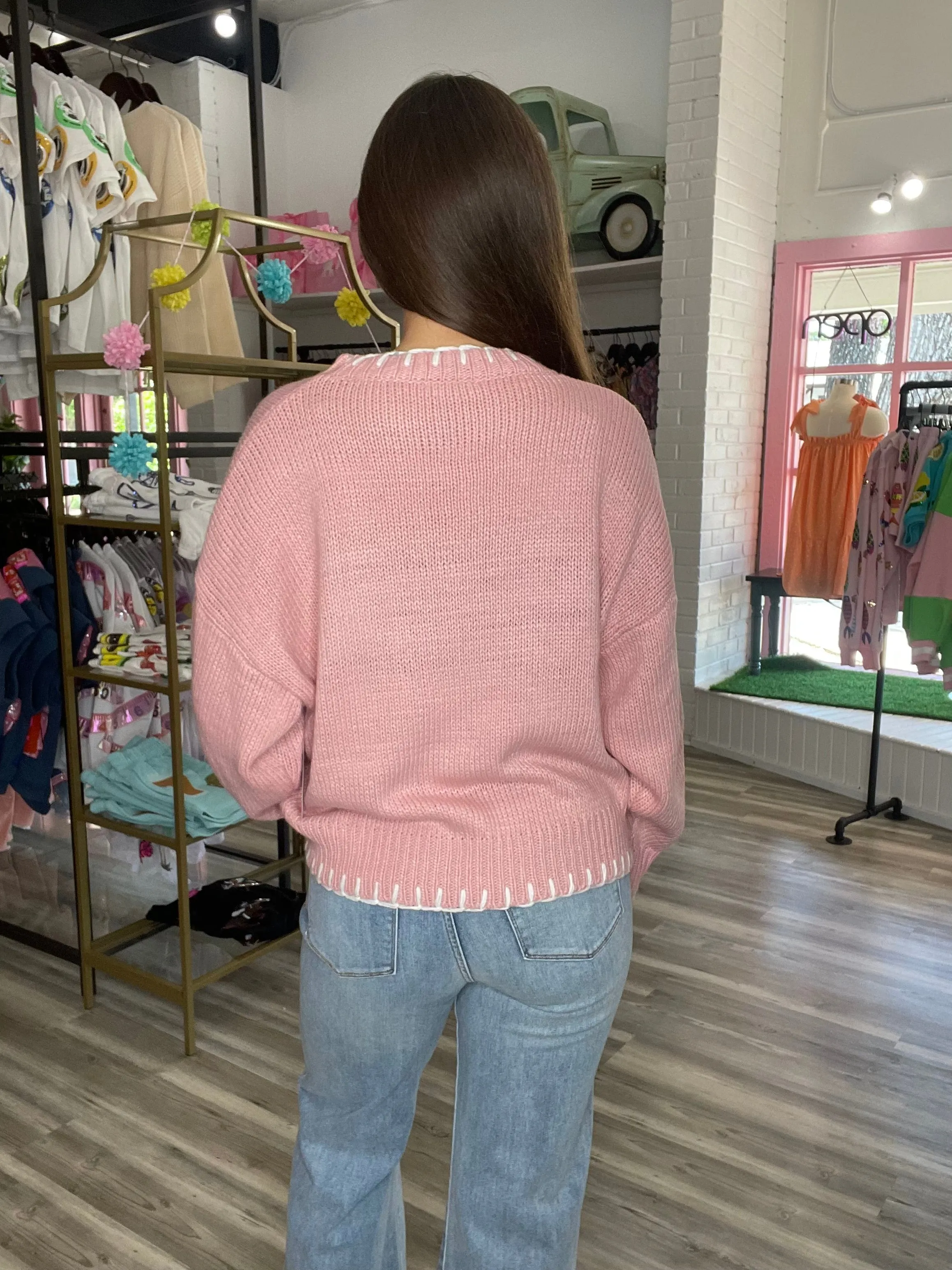 Winifred Bow Contrast Stitch Sweater Pink