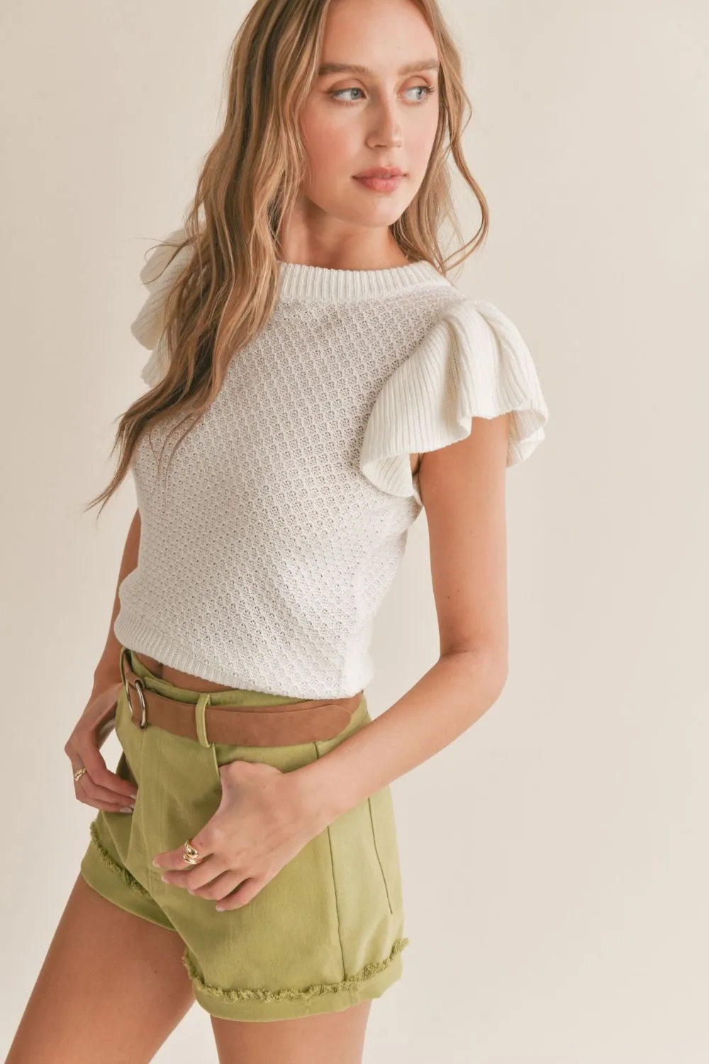 Women's Spring Ruffle Sleeve Knit Sweater Top | Ivory