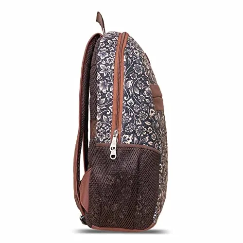 ZOUK FloMotif Floral Printed Women's Jute Handcrafted Vegan Leather Black Classic Backpack